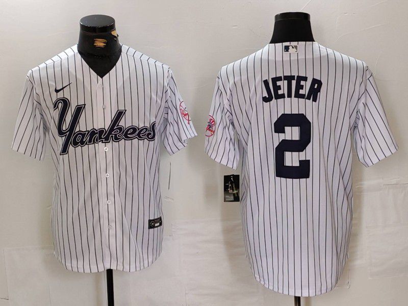 Men New York Yankees #2 Jeter White stripe Three generations of joint names Nike 2024 MLB Jersey style 1